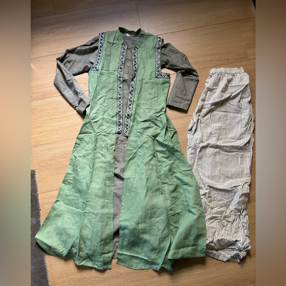 Designer Cotton Salwar Kameez Set with Overcoat and Mirror/Embroidery Details.